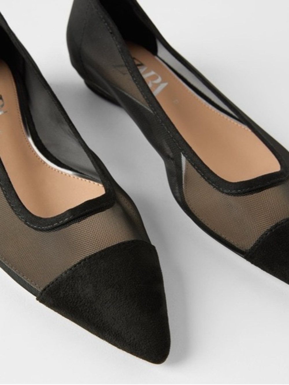 Zara Black Mesh Pointed-Toe Flats with Suede Trim